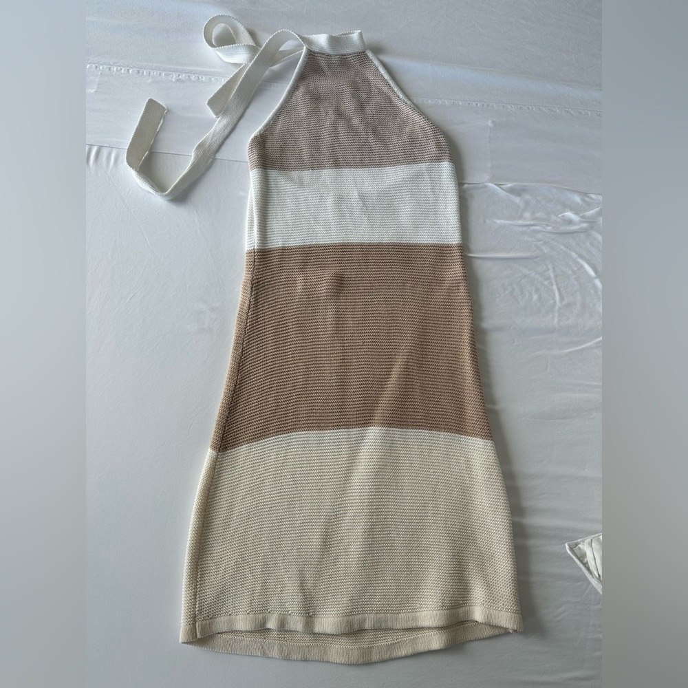 Sabo Skirt Beige, Cream & Tan Striped Knit Halter Mini Dress